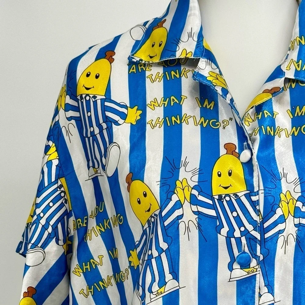 VINTAGE 90s Davenport Bananas in Pyjamas Polyester Satin Stripe Pajama Short Set